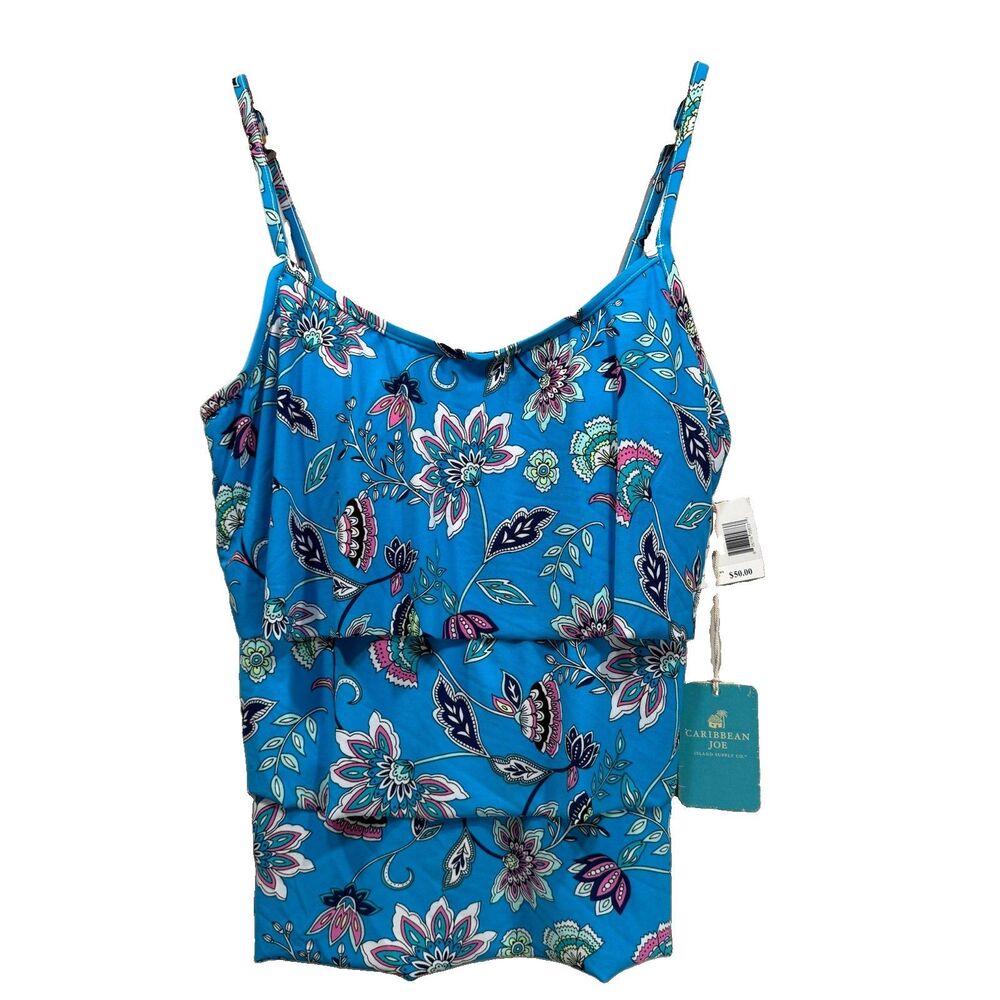 CARRIBEAN JOE Women's Size 16 Floral Tankini Swim Top Tropical Pattern NEW